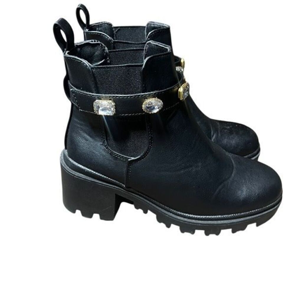 Nicole Miller Black Chelsey Ankle Boots Chunky Sole and Embellished Strap 6.5